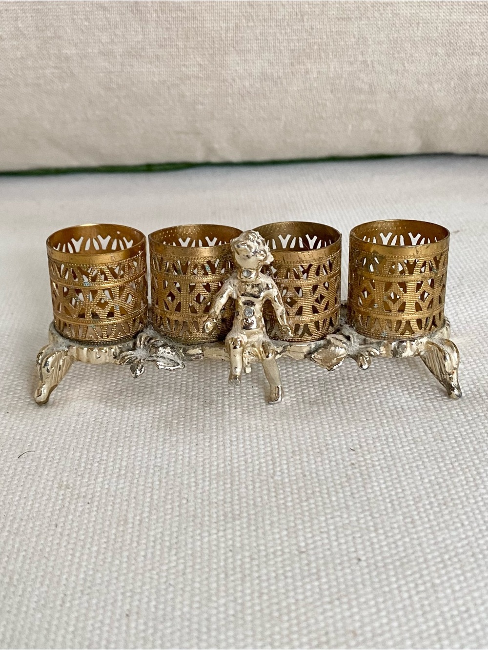 Vtg SF Sam Fink Gold Tone Footed Filigree Metal Cherub Vanity Lipstick Holder